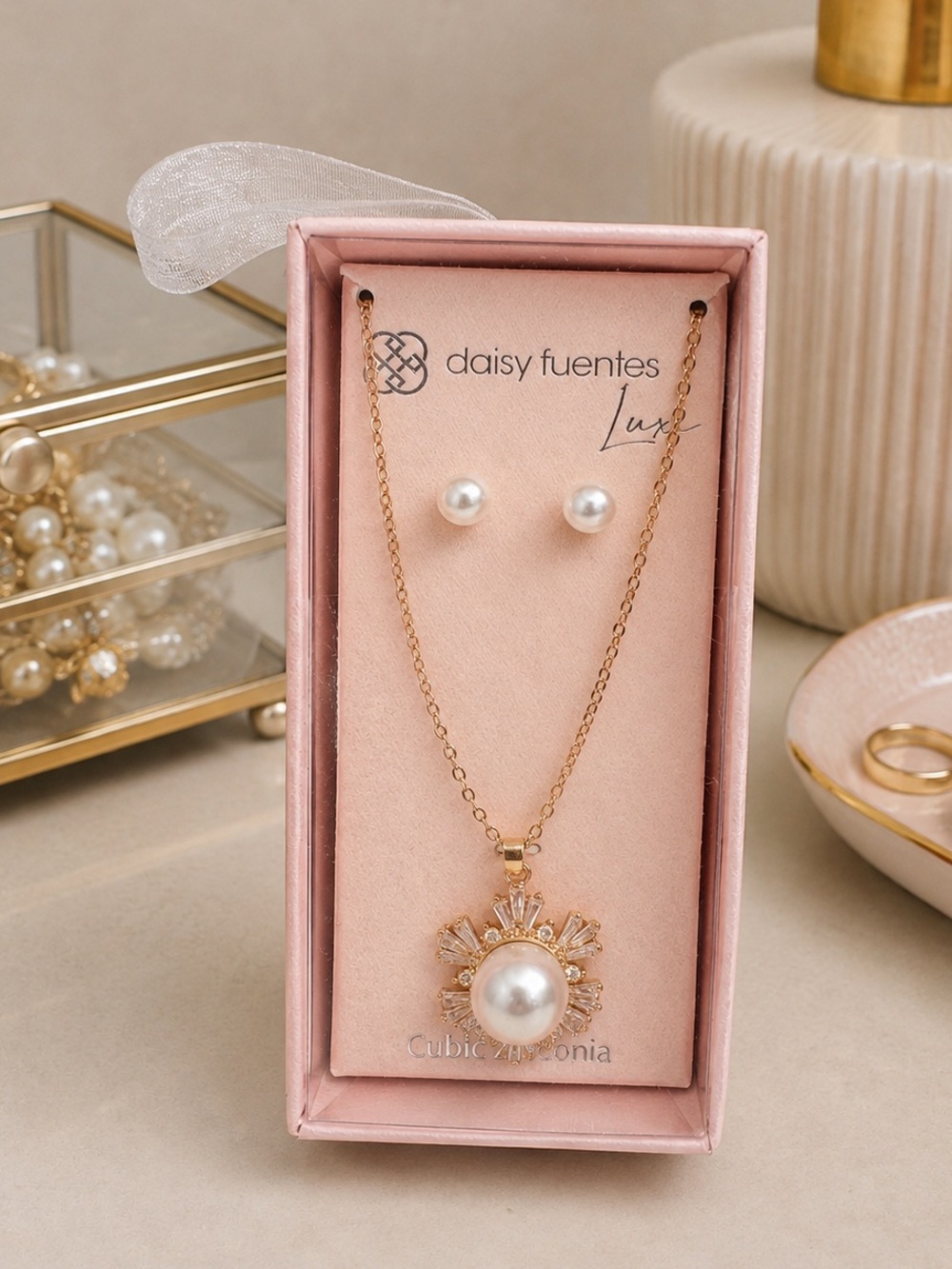 Daisy Fuentes Luxe Cubic Zirconia Pearl Necklace & Earrings Set (BR222BN)